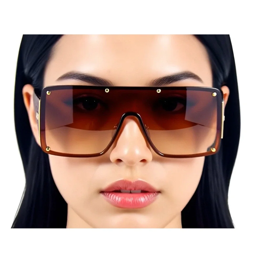Women Sunglasses Square Big Shades studed Gold‎ Metal Shield Retro Vintage Style